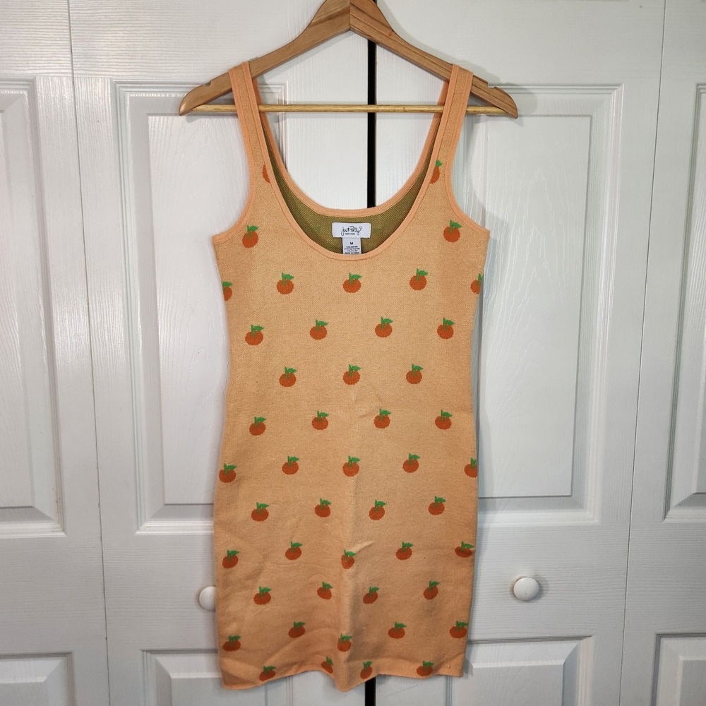 Just Polly New York Peach Orange Fruit Print Knit Bodycon Mini Dress Medium NWT